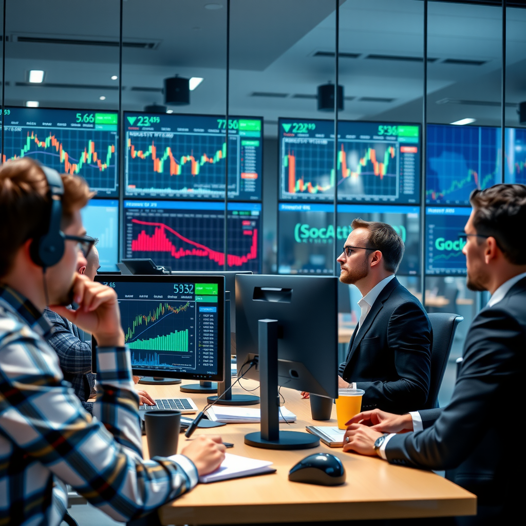 Professionelles Team von Finanzanalysten bei der Arbeit mit mehreren Bildschirmen, die Marktdaten und Diagramme zeigen, in einem modernen Büro mit Glaswänden