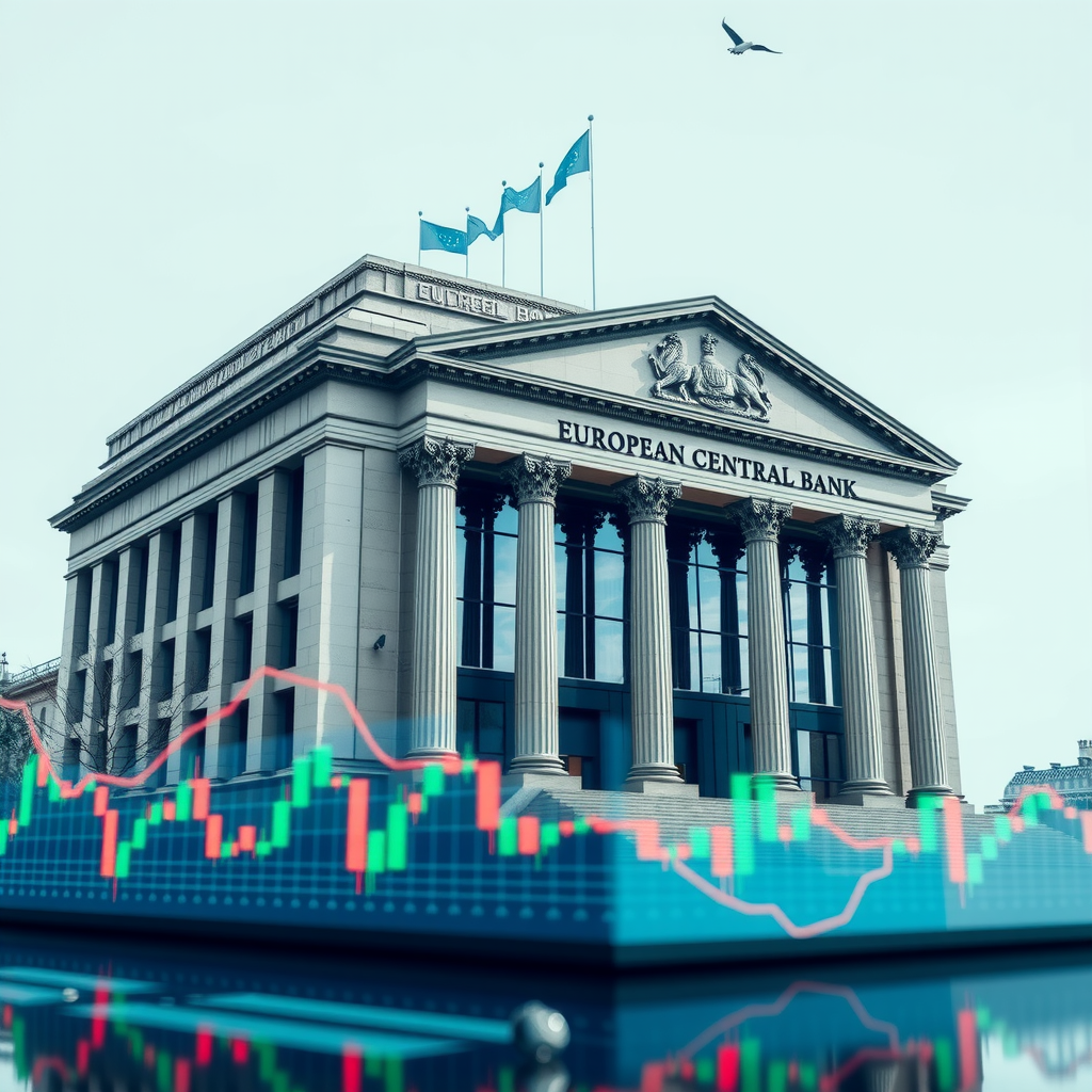Detaillierte Darstellung der Europäischen Zentralbank Hauptgebäude mit Finanzdiagrammen und Zinssatz-Indikatoren im Vordergrund, professionelle Wirtschaftsfotografie