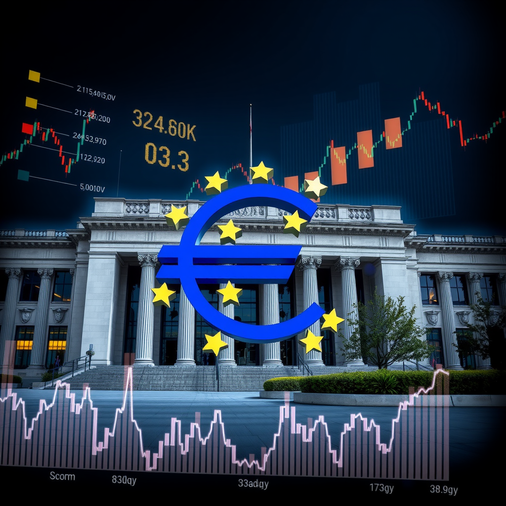 Europäische Zentralbank Gebäude mit Euro-Symbol und grafischen Darstellungen von Zinsentwicklungen und Wirtschaftsindikatoren