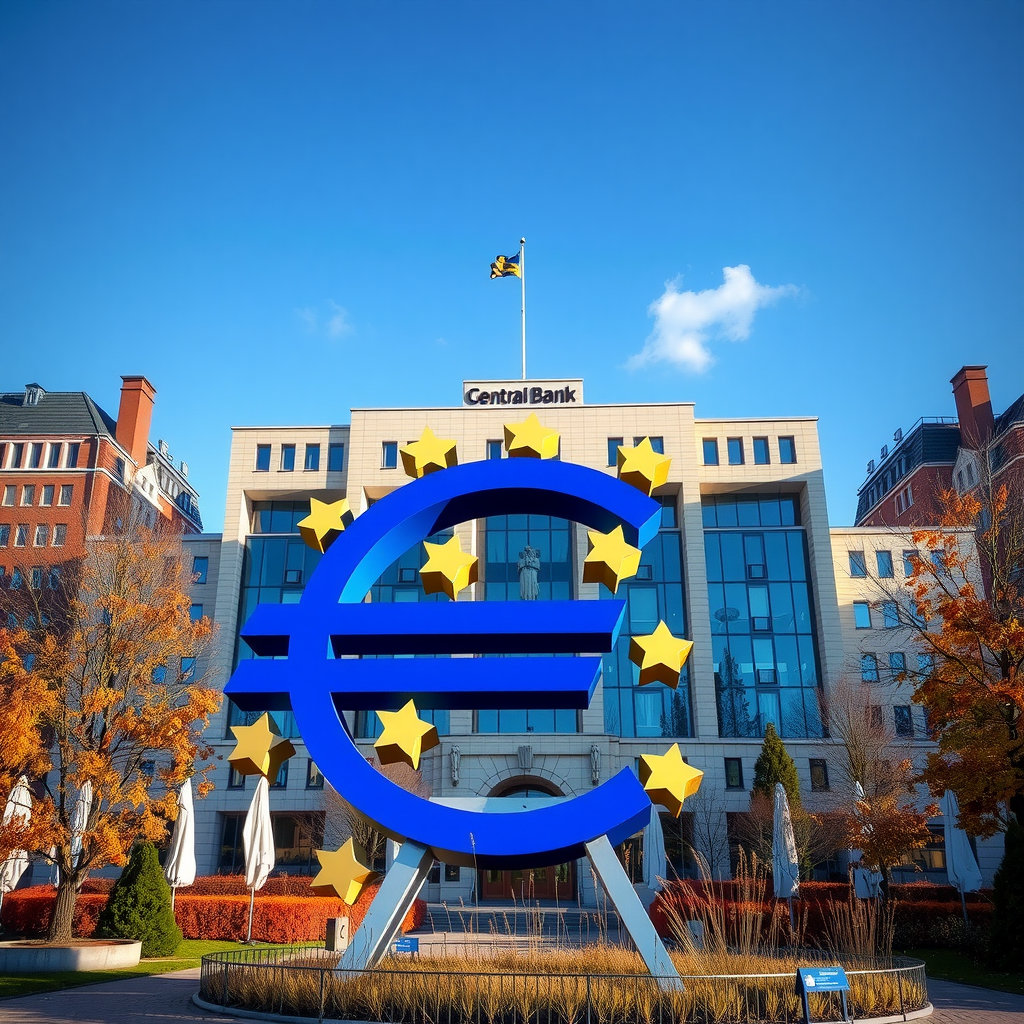 Das imposante Hauptgebäude der Europäischen Zentralbank in Frankfurt am Main mit der ikonischen Euro-Zeichen Skulptur im Vordergrund, aufgenommen an einem klaren Herbsttag mit blauem Himmel