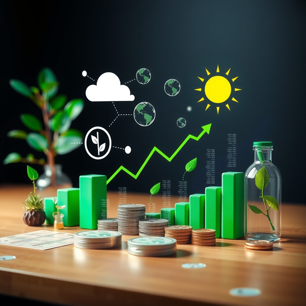 Moderne Darstellung nachhaltiger Investments und ESG-Fonds in Deutschland mit grünen Finanzprodukten, Wachstumscharts, Nachhaltigkeitssymbolen und umweltbewussten Anlagestrategien