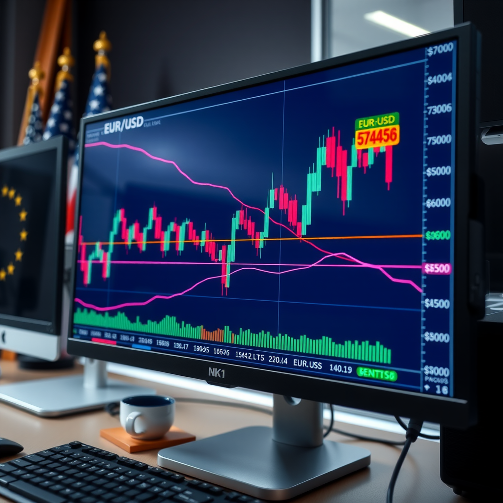 Detaillierte Darstellung eines EUR/USD Wechselkursdiagramms mit Candlestick-Charts, technischen Indikatoren und Trendlinien auf professionellem Trading-Monitor, im Hintergrund Flaggen der Europäischen Union und der Vereinigten Staaten