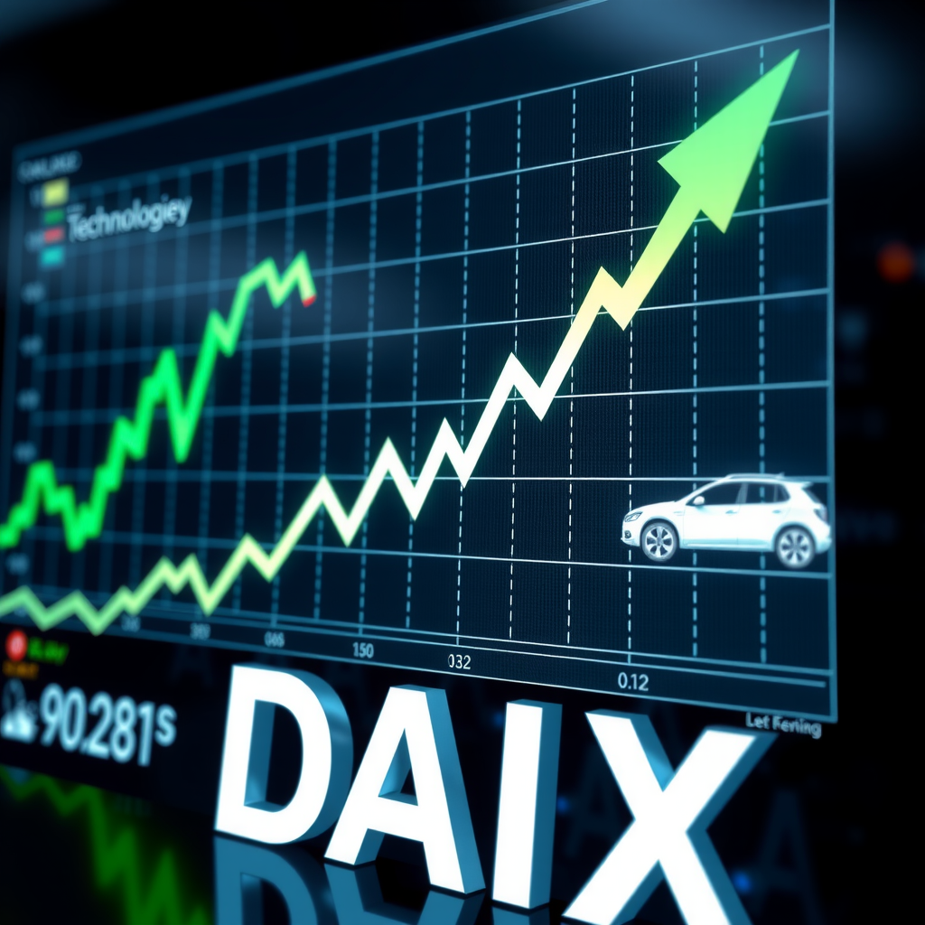 Deutscher Aktienindex DAX Chart mit steigenden Kurven, Technologie- und Automobilsektor-Symbole, moderne Börsenvisualisierung mit grünen Aufwärtstrends