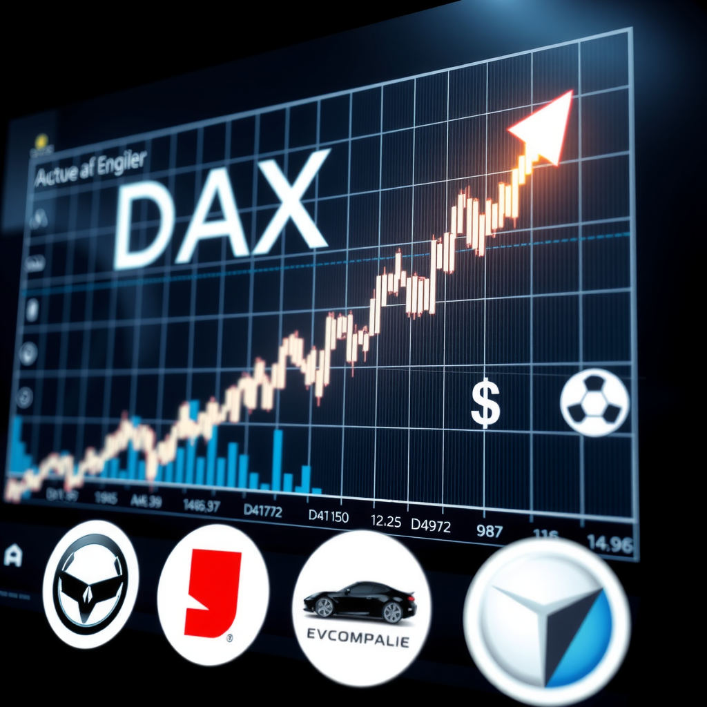 DAX Börsenindex Chart mit aufsteigenden Kurvenverläufen, Technologie- und Automobilunternehmen Logos, moderne Finanzgrafiken