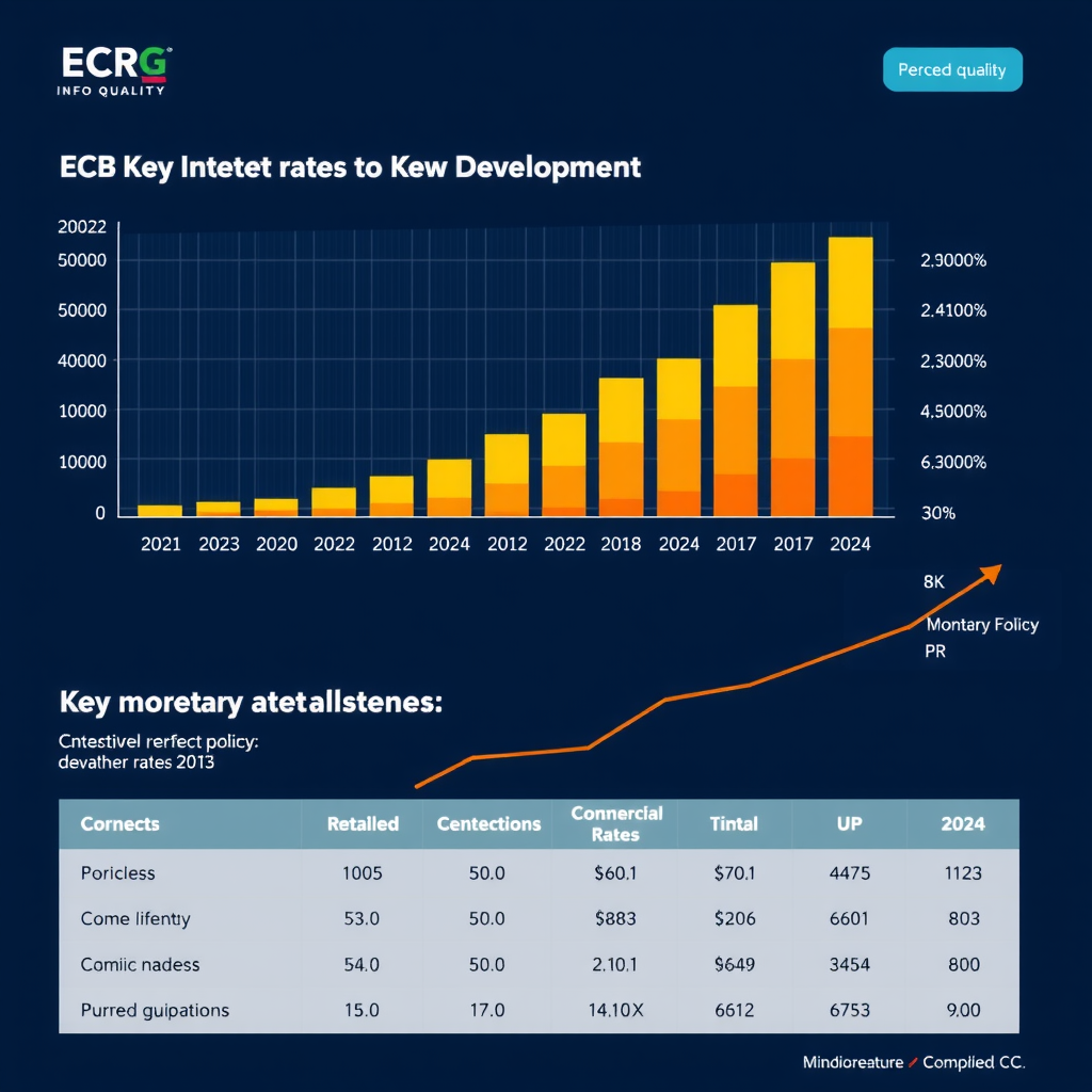 Professionelle Infografik zeigt die Entwicklung der EZB-Leitzinsen von 2022 bis Oktober 2024 mit farbcodierten Balkendiagrammen, Trendlinien und wichtigen Meilensteinen der Geldpolitik