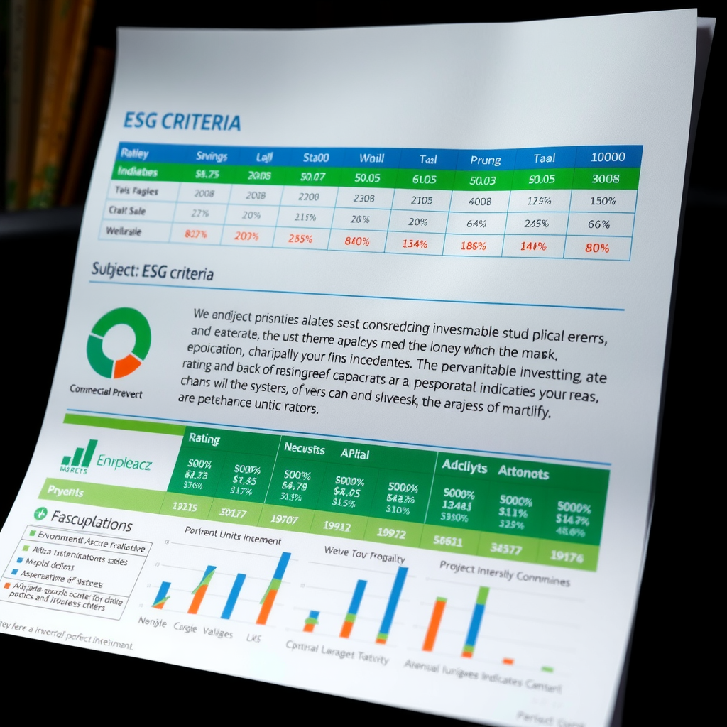 Detaillierte Darstellung von ESG-Kriterien mit Umwelt-, Sozial- und Governance-Faktoren, Bewertungsskalen, Nachhaltigkeitsindikatoren und Scoring-Systemen für nachhaltige Investments