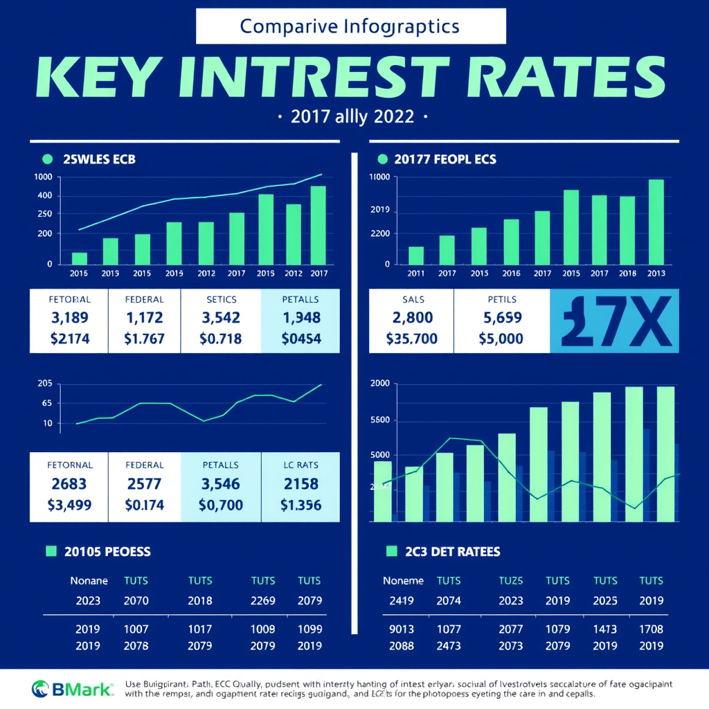 Vergleichende Infografik der Leitzinsen von EZB und Federal Reserve mit historischen Daten, Balkendiagrammen und Projektionen für zukünftige Zinsentscheidungen, professionelles Design mit Blau- und Grüntönen