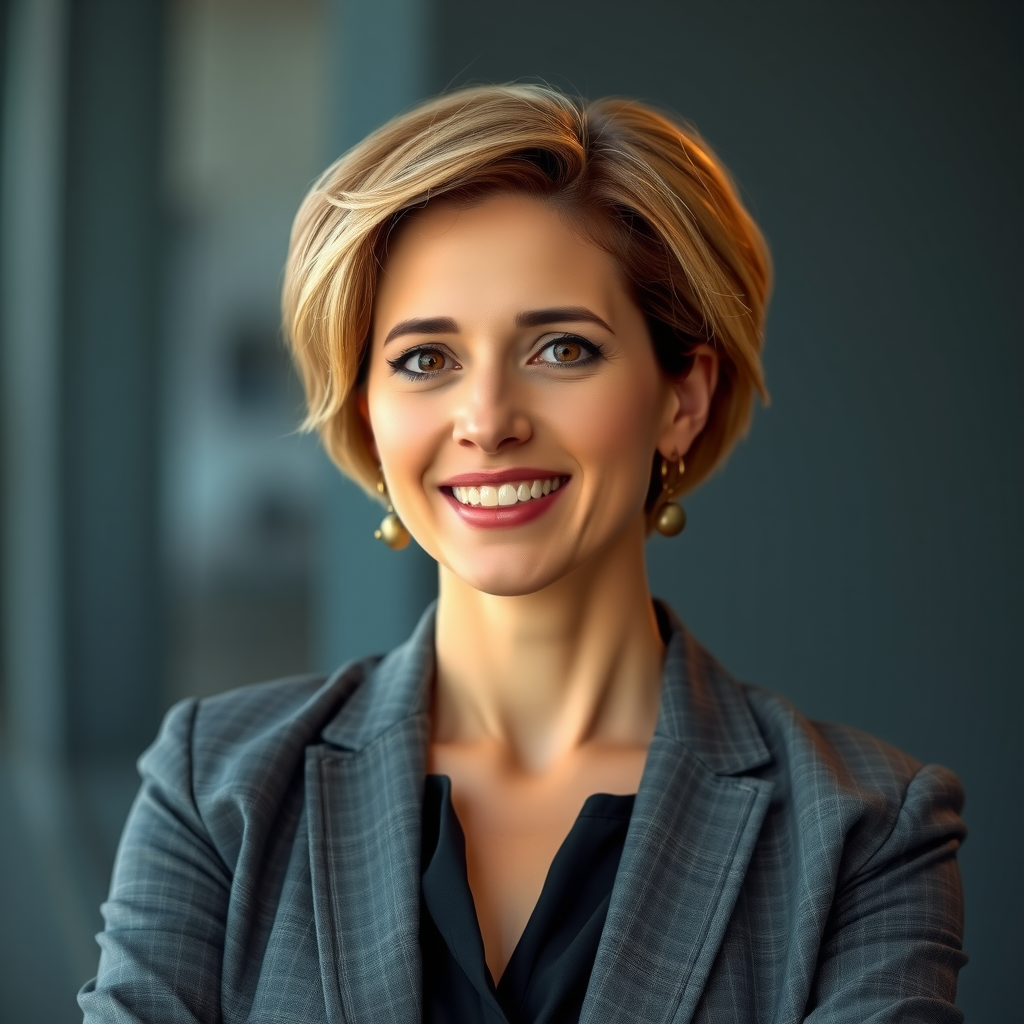 Porträt von Sarah Klein, Leitende Analystin, professionelle Frau mit kurzen Haaren und Business-Outfit