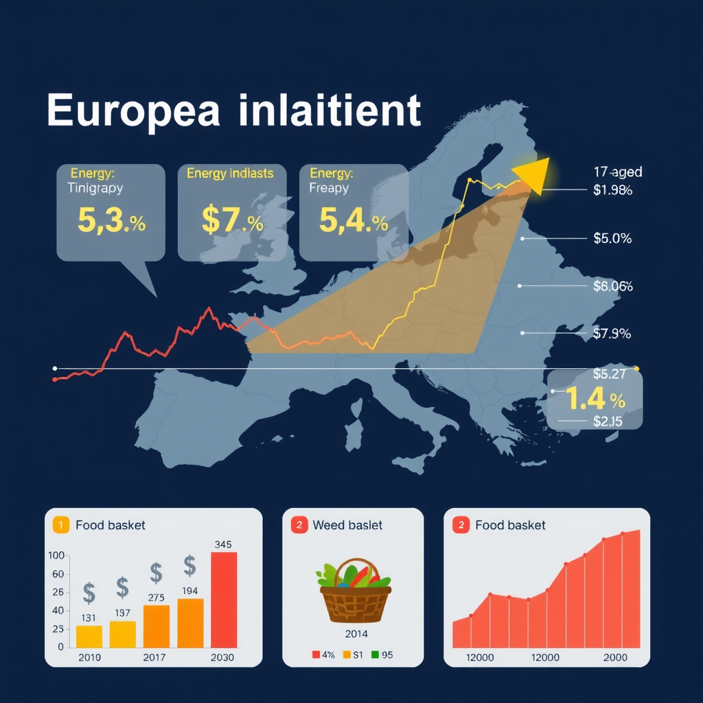 Europäische Inflationsgrafik mit Preisindizes, Energiepreissymbole, Lebensmittelkorb und Lohnentwicklungs-Diagramme, professionelle Wirtschaftsinfografik