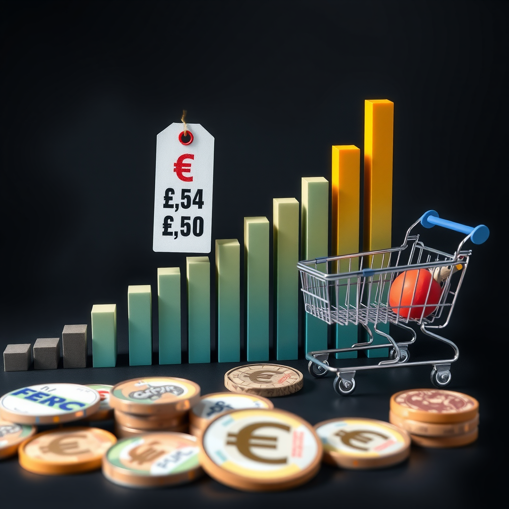 Inflationsstatistik Diagramm mit steigenden Balken, Preisschilder für Energie und Lebensmittel, Einkaufswagen Symbol, europäische Währungssymbole