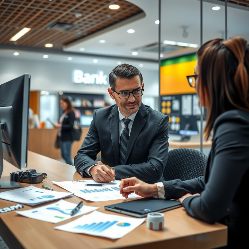 Professionelle Szene in einer modernen Bankfiliale: Finanzberater im Anzug führt ein Beratungsgespräch mit einem Kunden, auf dem Schreibtisch liegen Finanzunterlagen und ein Tablet mit Diagrammen