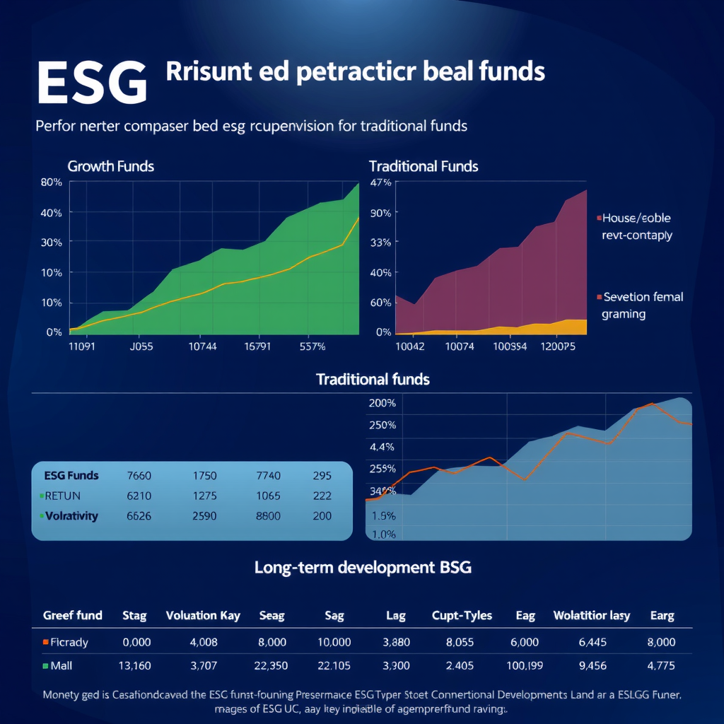 Grafischer Performance-Vergleich zwischen ESG-Fonds und traditionellen Fonds mit Wachstumskurven, Renditevergleichen, Volatilitätsanalysen und langfristigen Entwicklungstrends