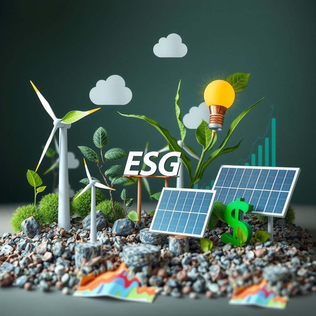 Nachhaltige Investitionen Konzept mit grünen Pflanzen, ESG-Symbolen, Windrädern, Solarpanelen und Finanzdiagrammen in umweltfreundlichen Farben