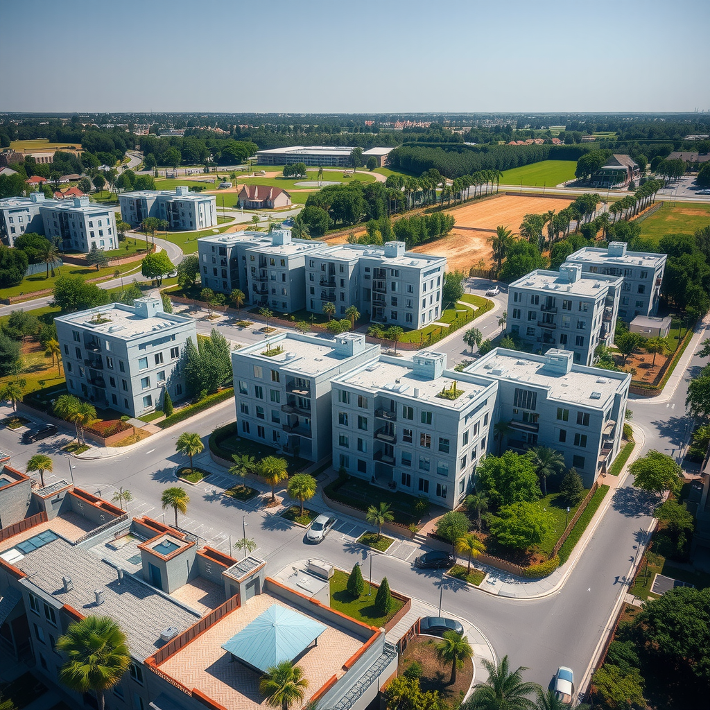 Luftaufnahme einer modernen Wohnsiedlung mit mehreren Neubauten in zeitgenössischer Architektur, umgeben von Grünflächen und Bäumen, sonniger Tag mit klarer Sicht