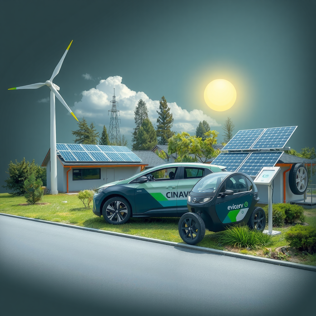 Darstellung nachhaltiger Branchen und grüner Technologien mit erneuerbaren Energien, Elektromobilität, Solaranlagen, Windkraft und umweltfreundlichen Innovationen