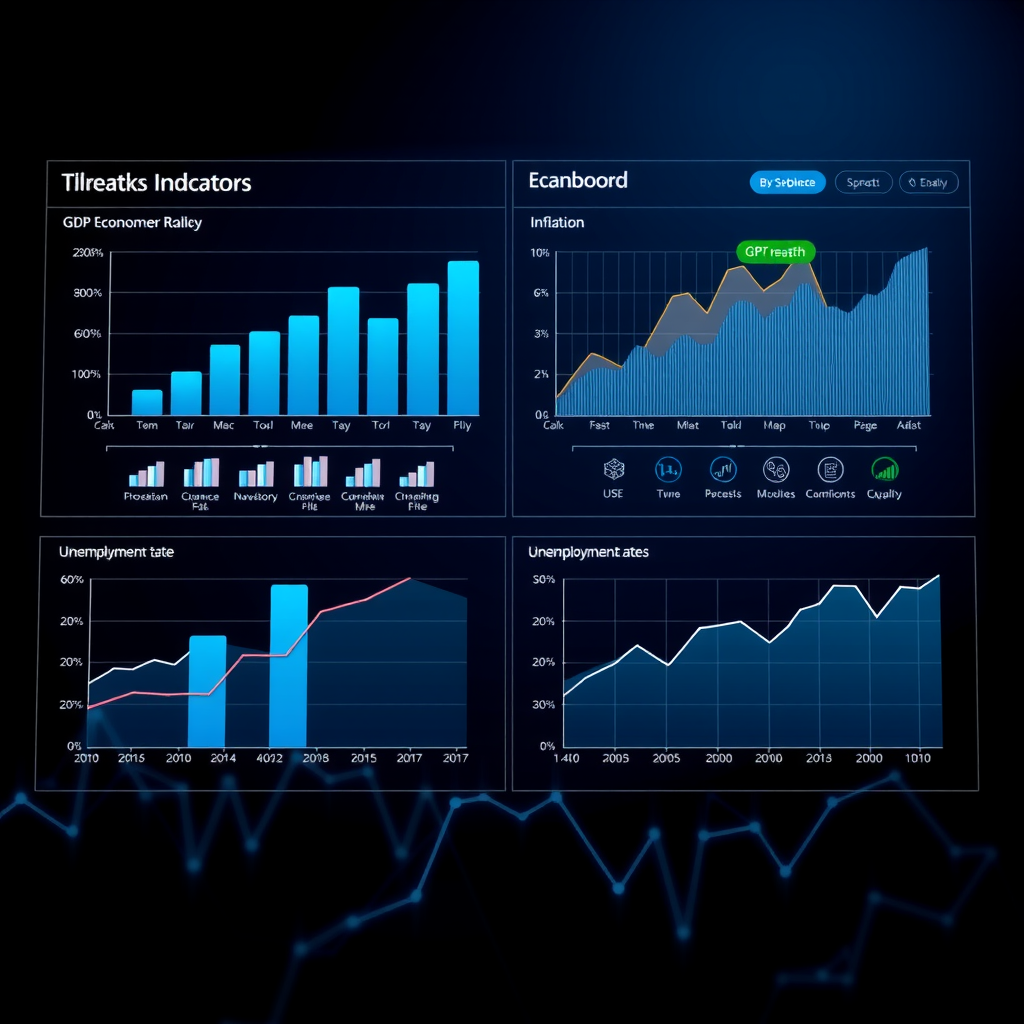 Professionelles Dashboard mit Wirtschaftsindikatoren, Balkendiagrammen für BIP-Wachstum, Liniendiagramme für Inflation und Arbeitslosenquoten, moderne Datenvisualisierung in Blau- und Grautönen