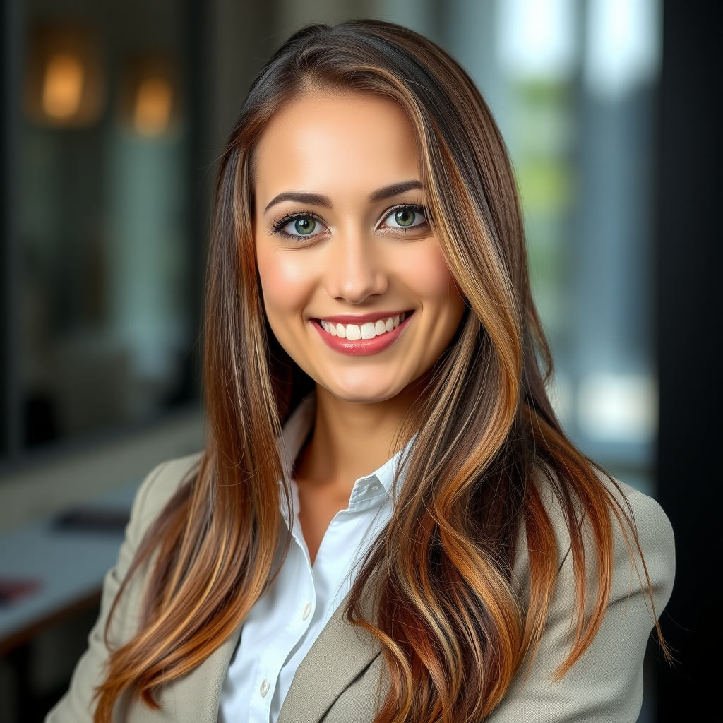 Porträt von Laura Weber, Wirtschaftsredakteurin, professionelle junge Frau mit langen Haaren und freundlichem Lächeln