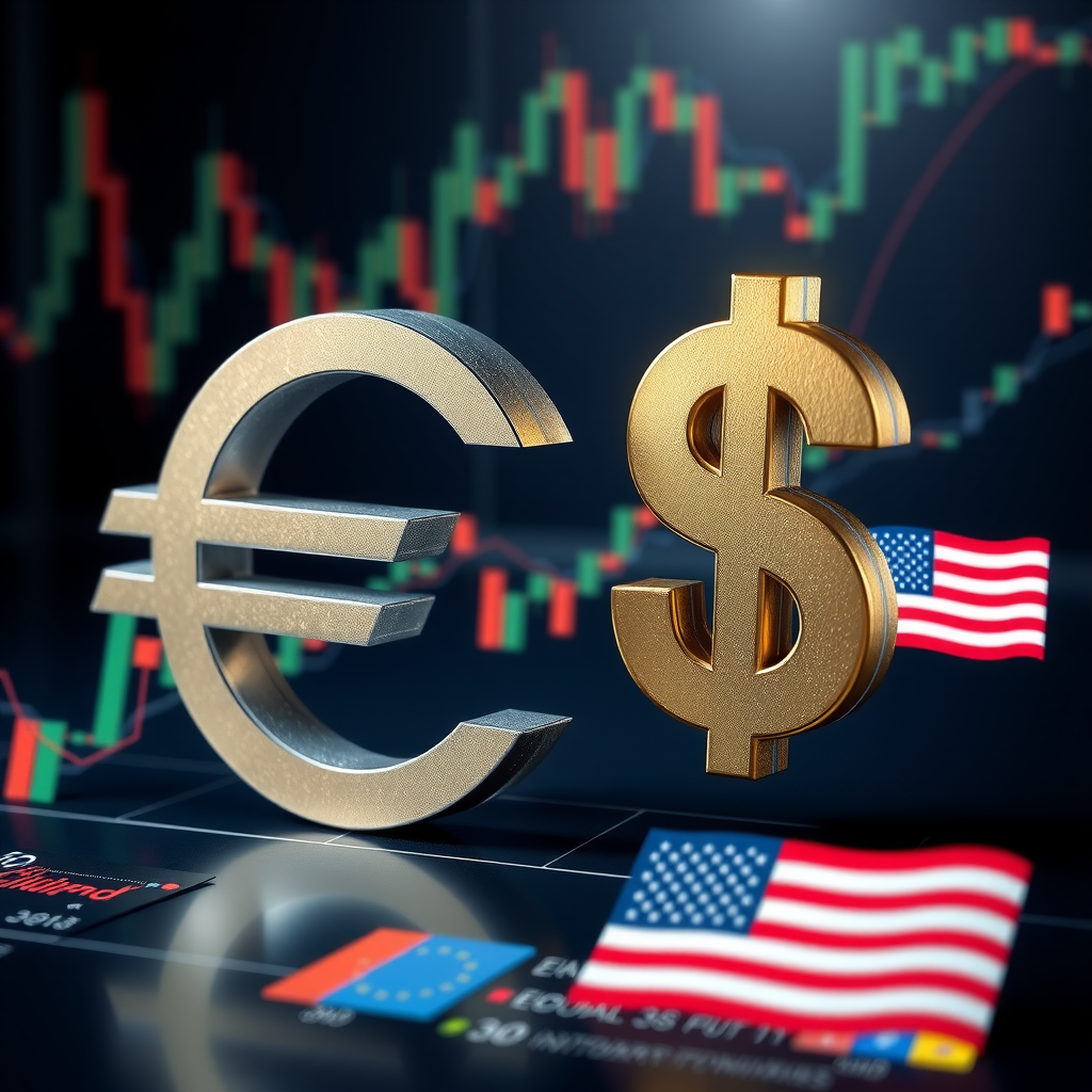 Euro und Dollar Währungssymbole mit Wechselkurs-Chart, Flaggen von Europa und USA, dynamische Kurvenverläufe und Handelsindikatoren