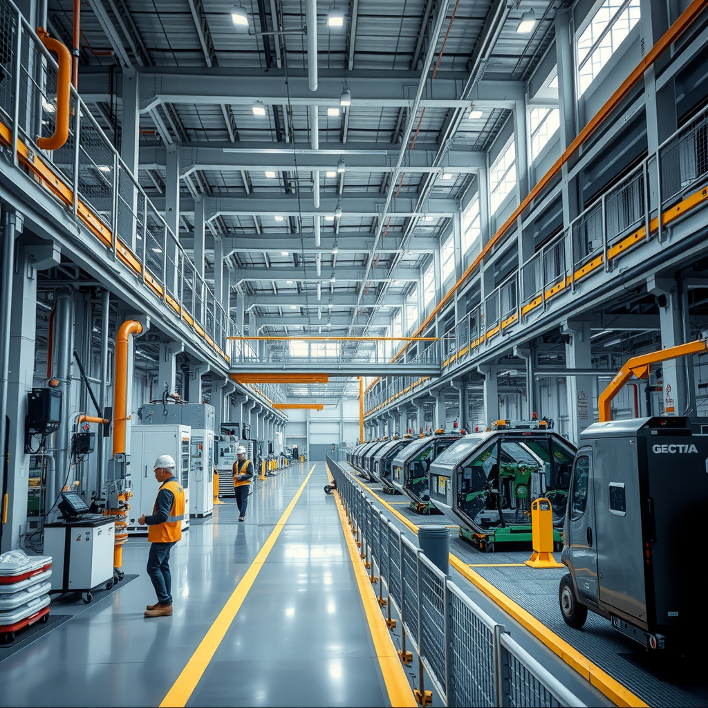 Moderne Industrieanlage mit großen Produktionshallen, automatisierte Fertigungsstraßen, Arbeiter in Schutzkleidung, Hightech-Maschinen, typische deutsche Industriearchitektur