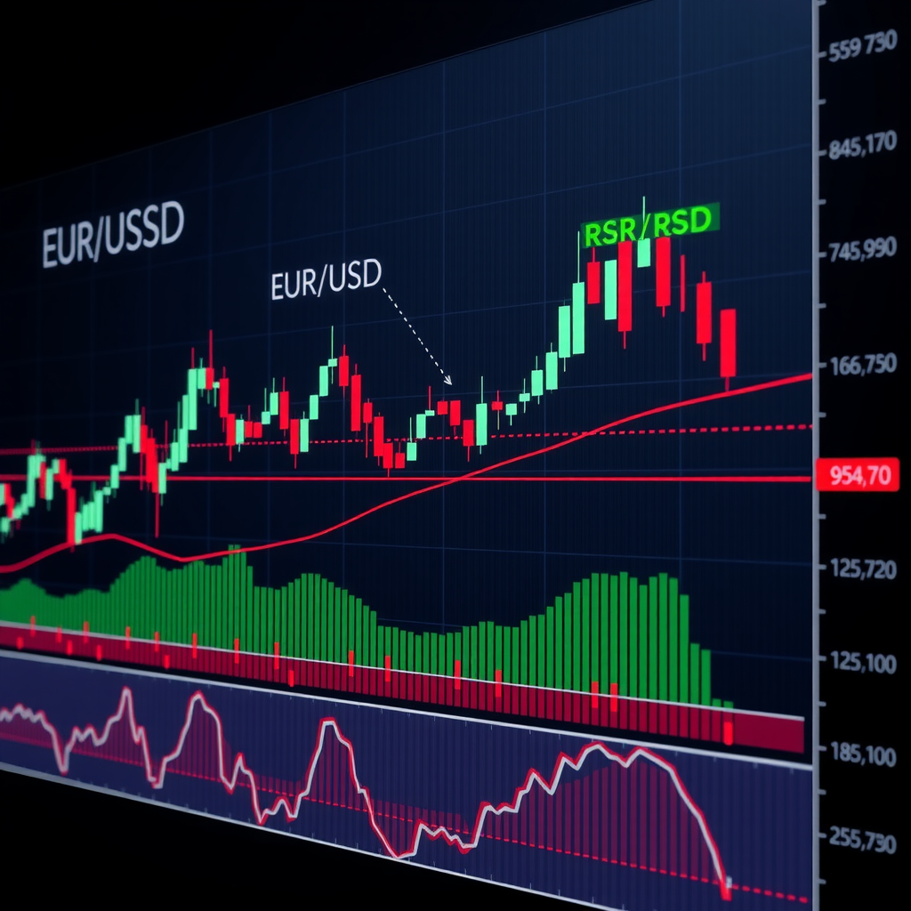 Detailliertes technisches Analyse-Chart des EUR/USD mit Candlesticks, gleitenden Durchschnitten, Unterstützungs- und Widerstandslinien, RSI-Indikator und Volumenbalken, professionelles Trading-Chart-Design