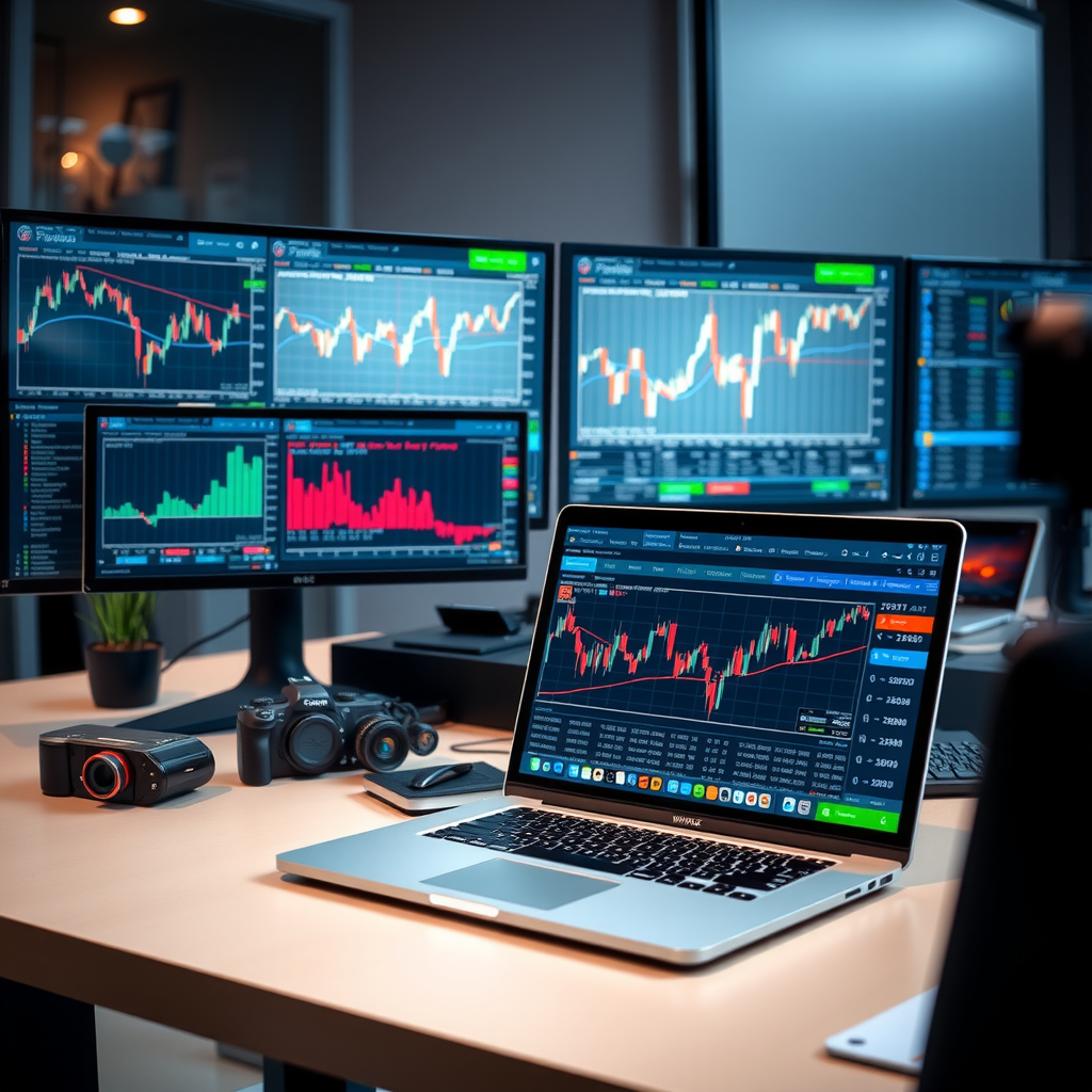 Moderner Arbeitsplatz mit mehreren Monitoren, die Finanzdaten, Charts und Nachrichtenfeeds zeigen, Laptop mit Analysesoftware im Vordergrund